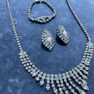 Vintage Glam SET Rhinestone Choker, Clip Earrings and Bracelet